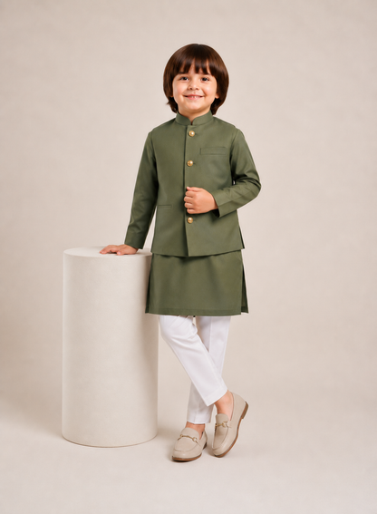 Olive Green Waistcoat & Kurta - White Pajama